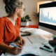 Woman, perhaps practice owner, looking at metrics to improve downtime in her office to make business pick up.