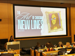 Mikki Collins delivers a presentation on how to choose new frame lines.