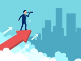 man on an arrow going up, looking out into the distance at