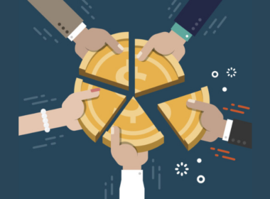 Money split up into five people's hands. Surviving low reimbursement.