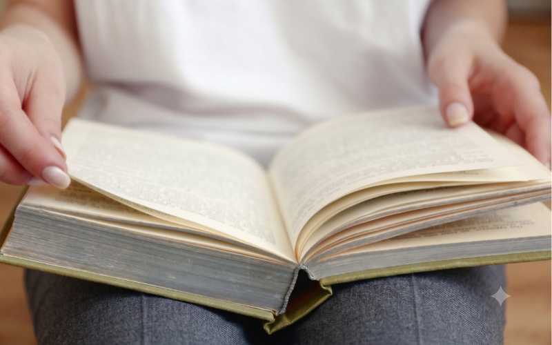 A woman flipping the page, symbolizing a new chapter