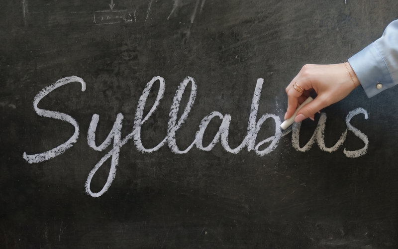 A woman holds a piece of chalk and finishes writing the word "Syllabus" in cursive across a dark, dusty chalkboard.